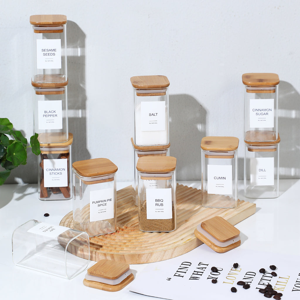 Square Glass Spice Jars, Set of 18