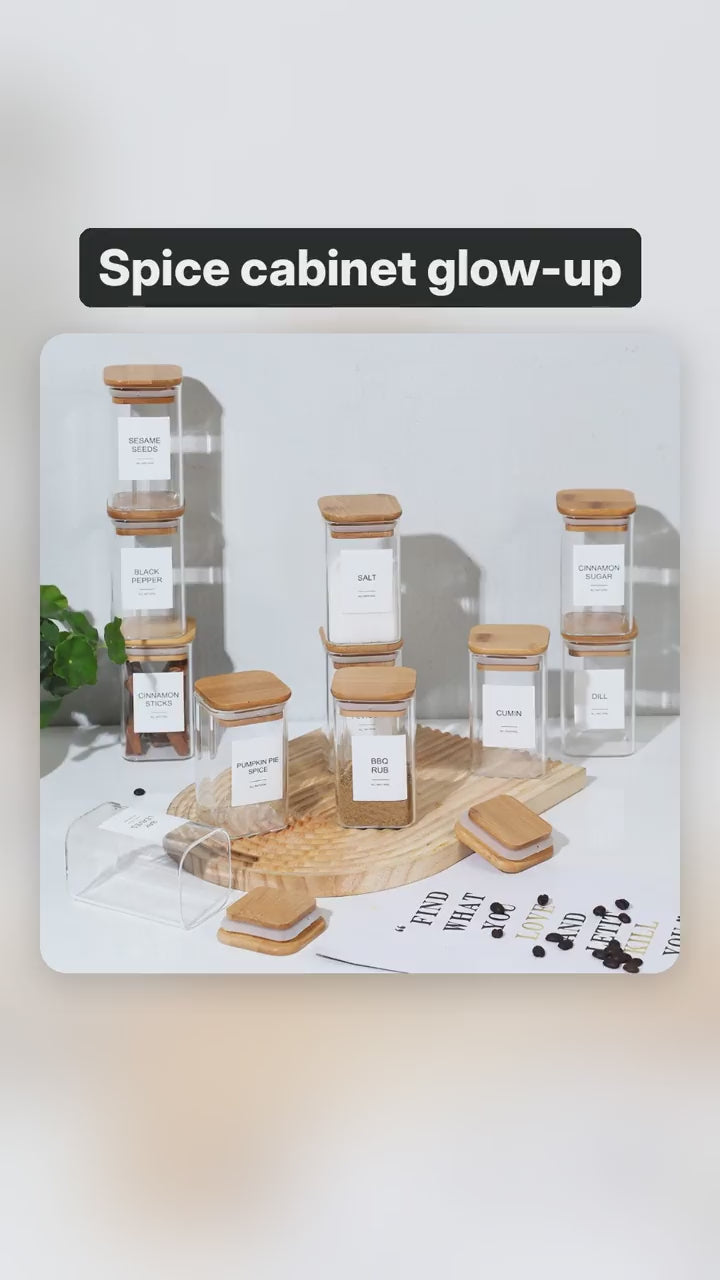 Square Glass Spice Jars, Set of 18